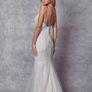 NEW WHITE WEDDING BRIDAL EVENING FORMAL Glitter mesh fitted LONG DRESS JT271